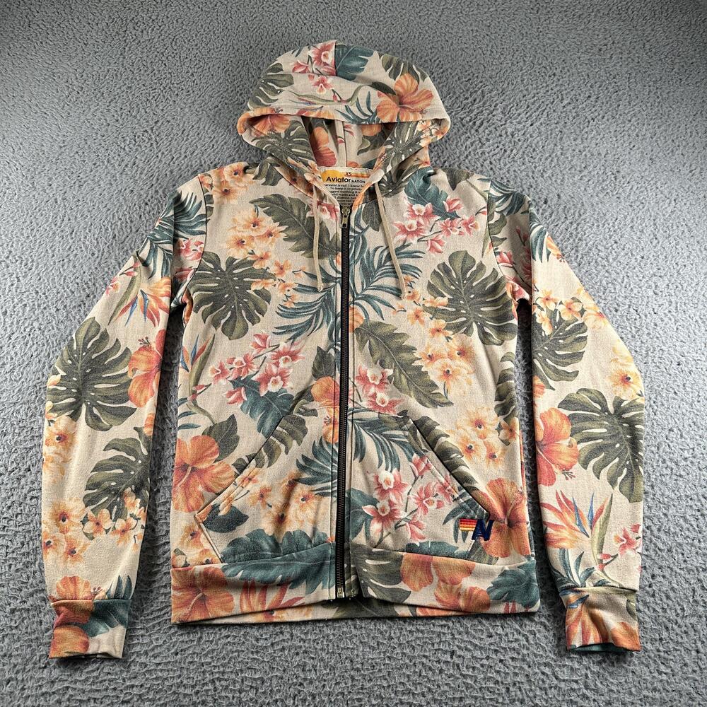 Aviator Nation Hoodie Womens XS Multicolor Tropical Floral Fleece Full Zip USA